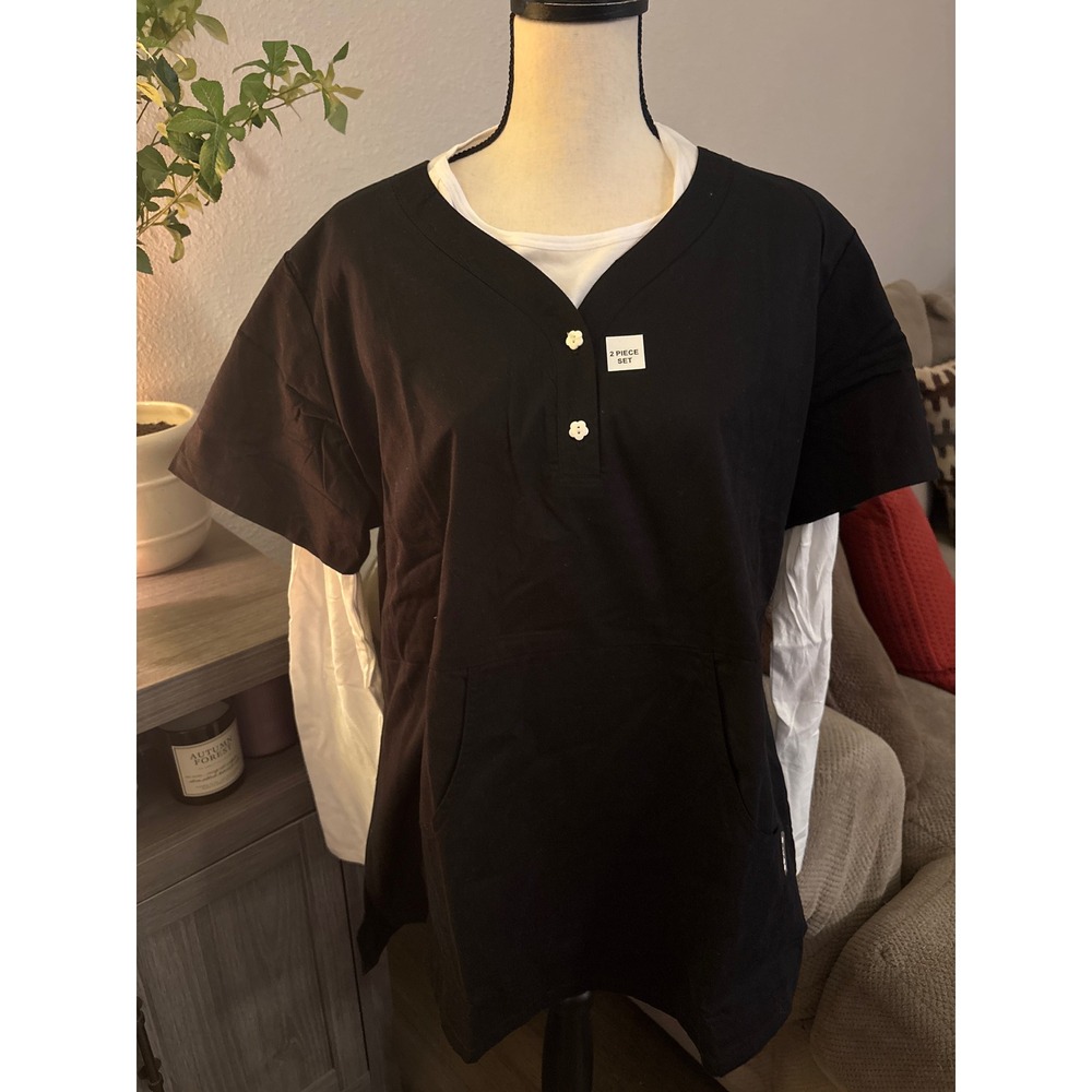 Koi Womens 2X 2 Piece scrub Set Black Top and White Long Sleeve NWOT